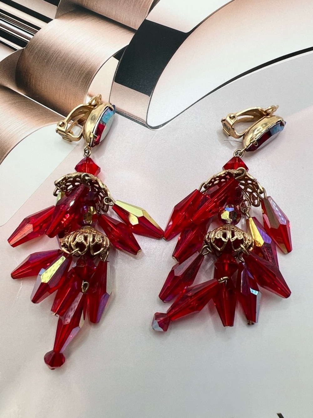 Gold & Red Crystal Dangle Earrings - Women Jewelry, Vintage